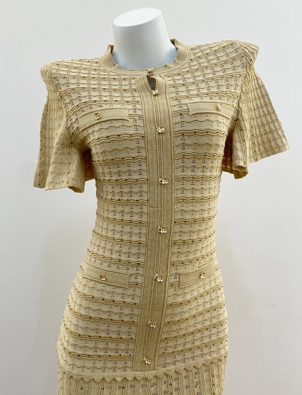 🟡Sandro Yellow Textured Knit Midi Dress Button Front Faux Pockets - Picture 10 of 12